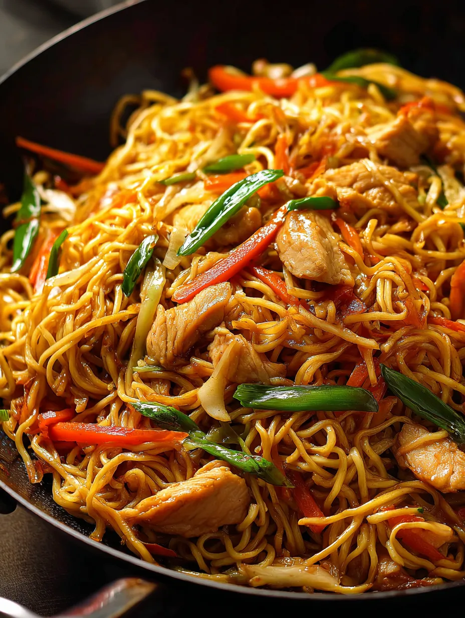 Un tazón de fideos con pollo y verduras.