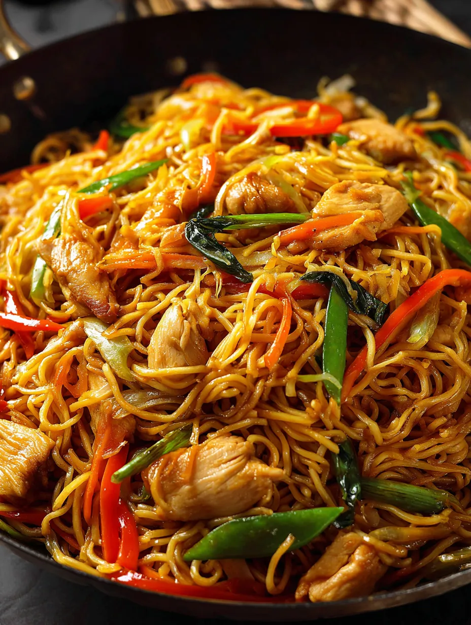 Un tazón de fideos con pollo y verduras.