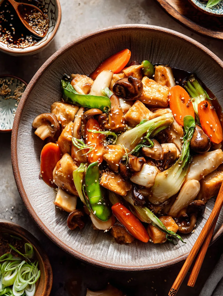 Bowl de salteado con champiñones, zanahorias y brócoli.