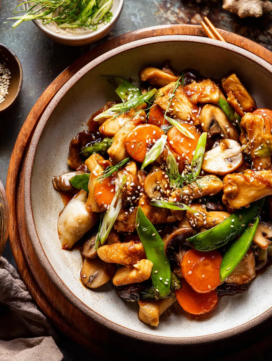 Un bowl de salteado con champiñones, pimientos y zanahorias.