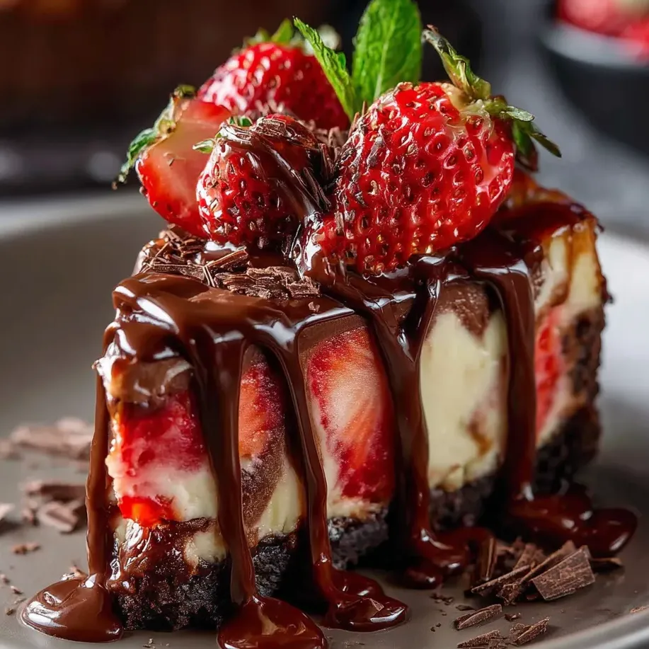 Porción de pastel con fresas y un toque de chocolate por encima.