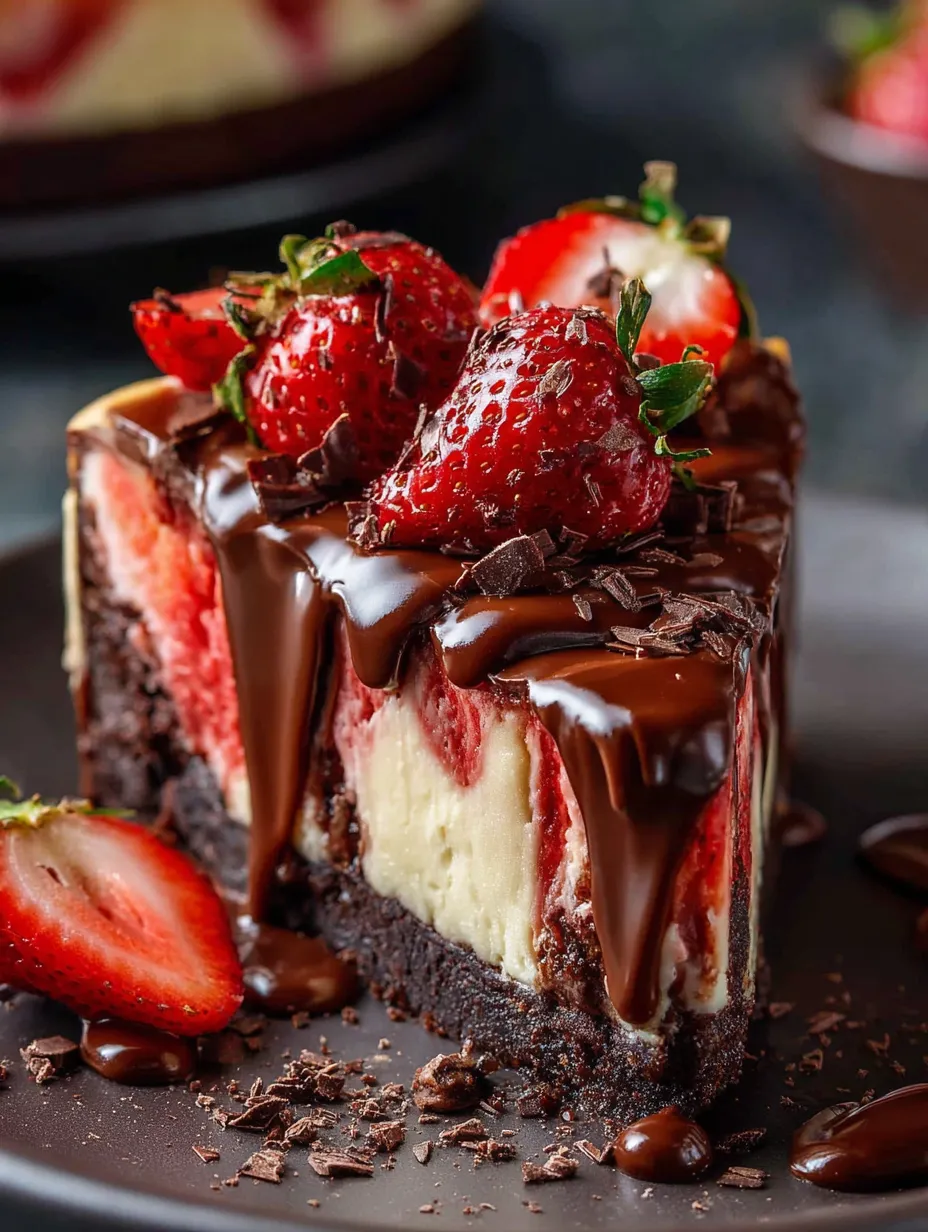 Porción de torta de chocolate con fresas encima.
