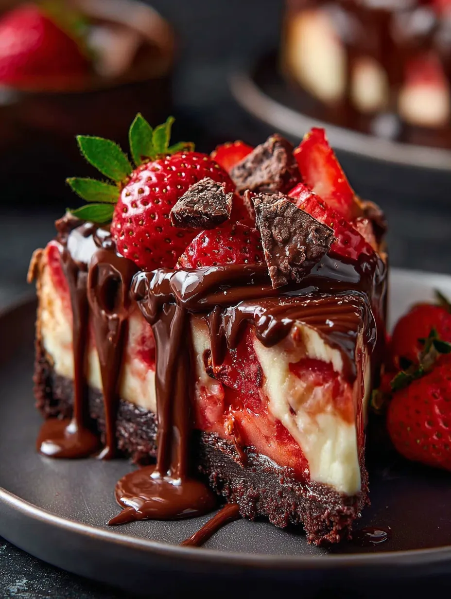 Porción de torta de chocolate con fresas encima.