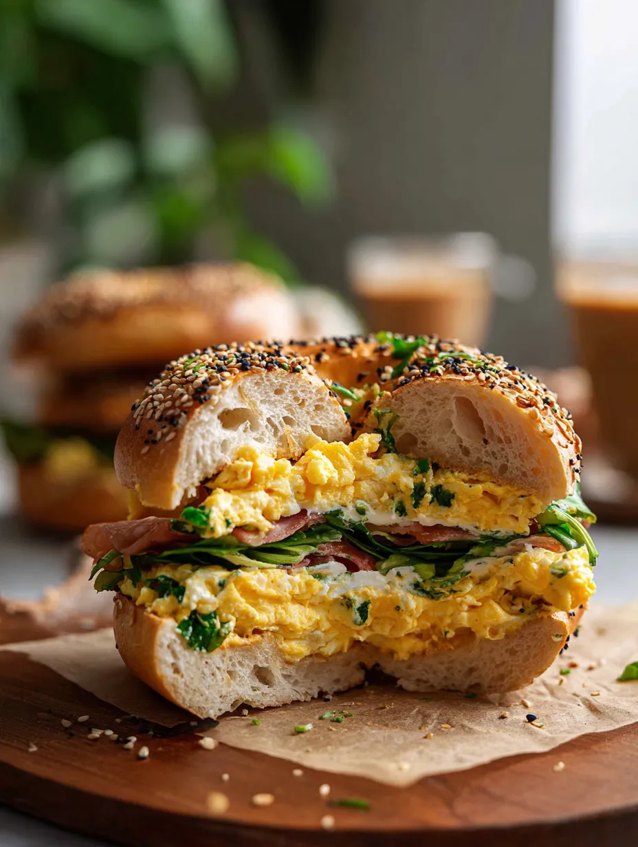 Un sándwich de bagel con huevo y espinaca.