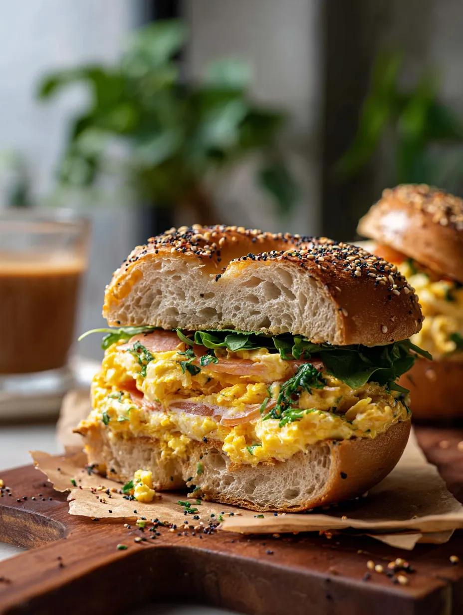 Un bagel con huevos y tomate encima.