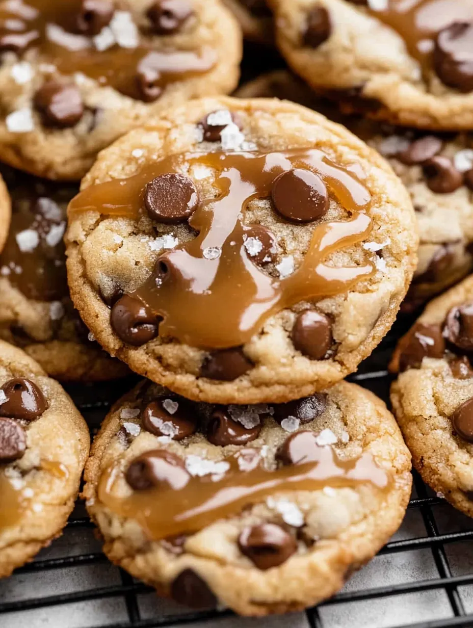 Galletas con chispas de chocolate y caramelo derretido por encima.