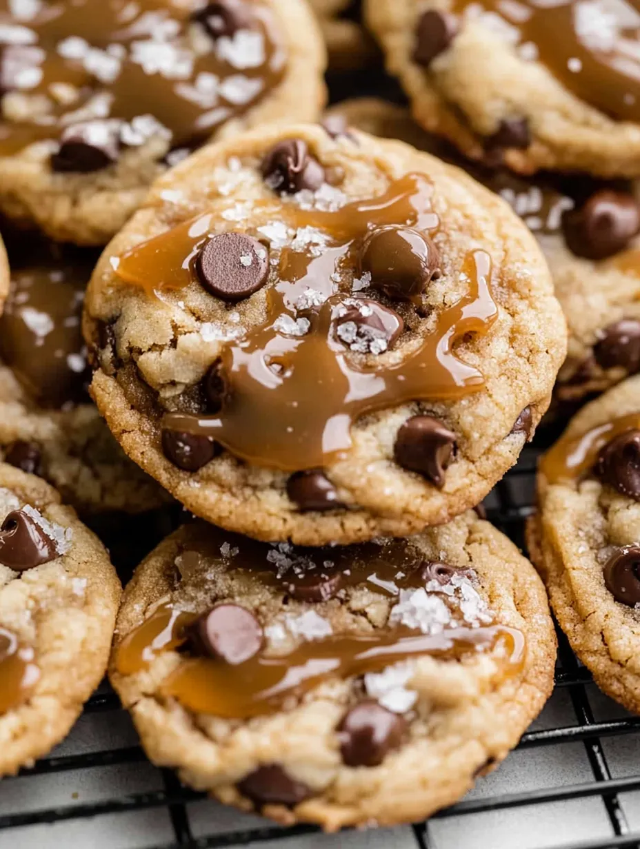 Galletas con chispas de chocolate y caramelo derretido por encima.