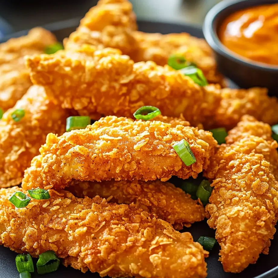 Un plato con tiritas de pollo y un dip.