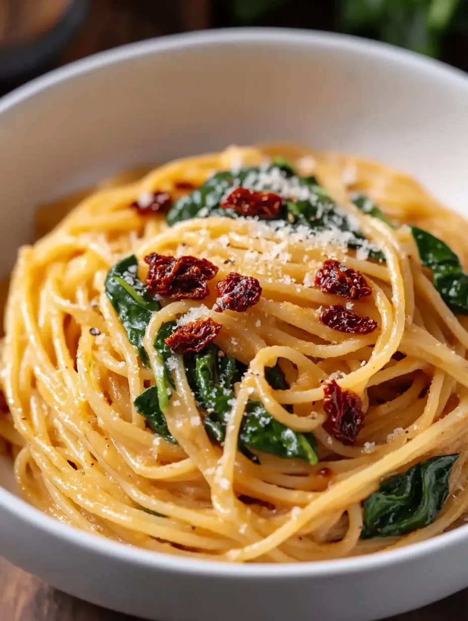 Un plato de pasta con espinaca y queso.