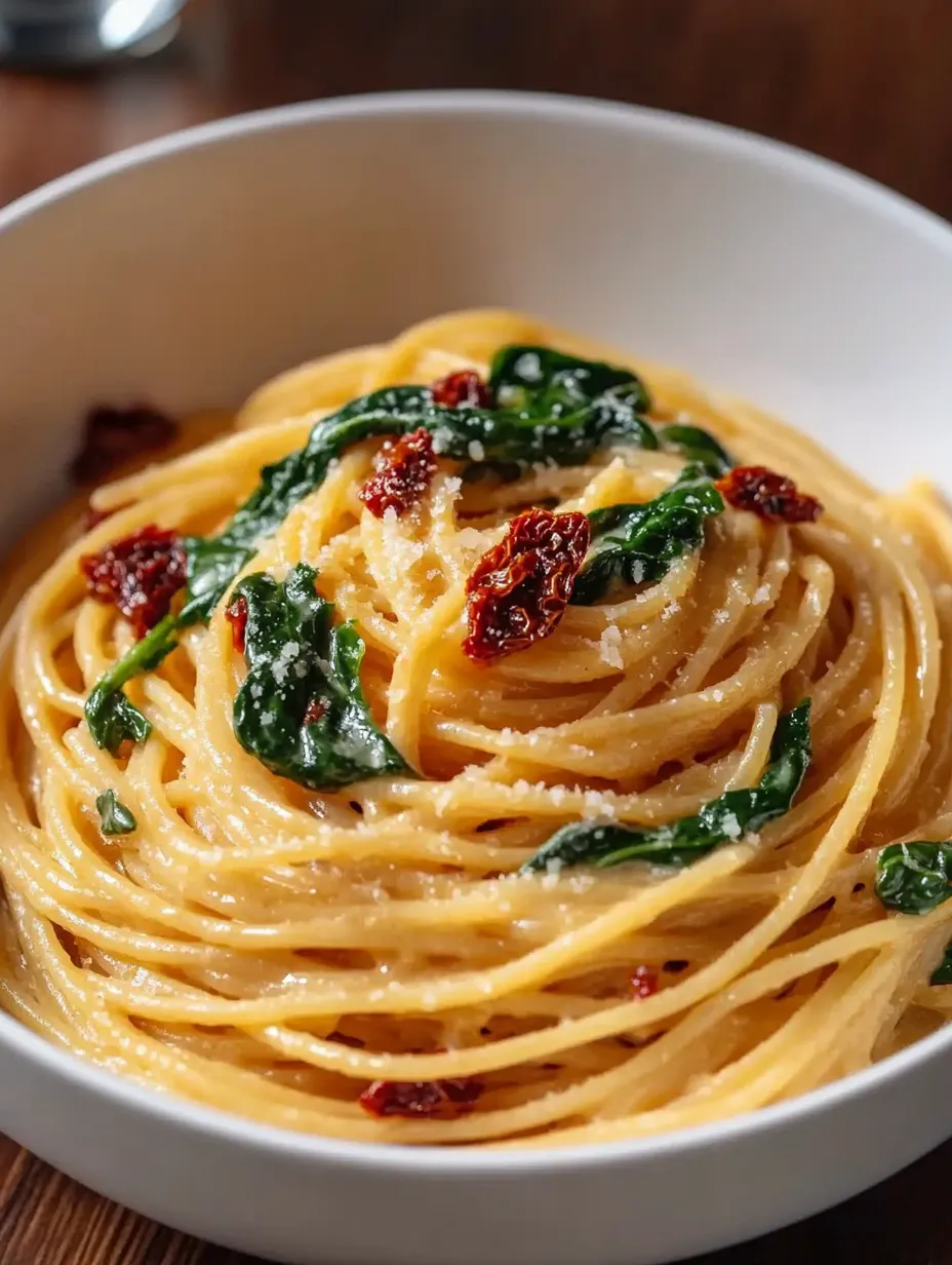 Un plato de pasta con espinacas y tomates.
