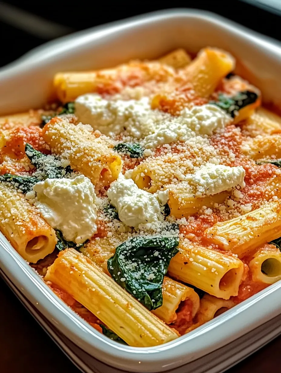 Plato de pasta con queso blanco y espinaca.