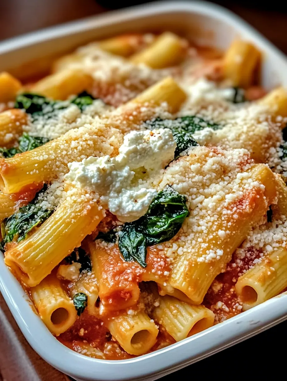 Plato de pasta con queso blanco y espinaca.