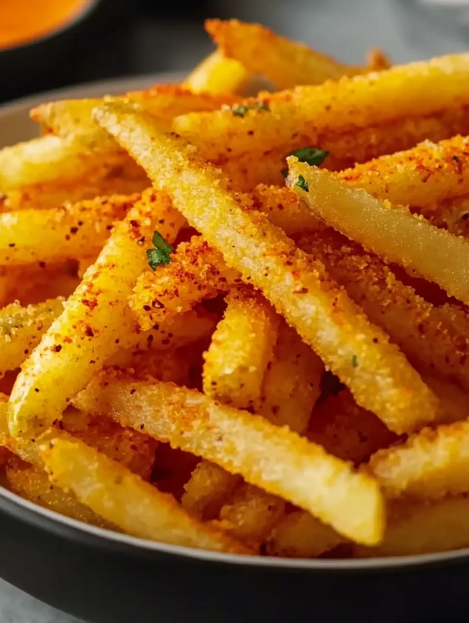Un plato de papas fritas y un toque de pimentón por encima.