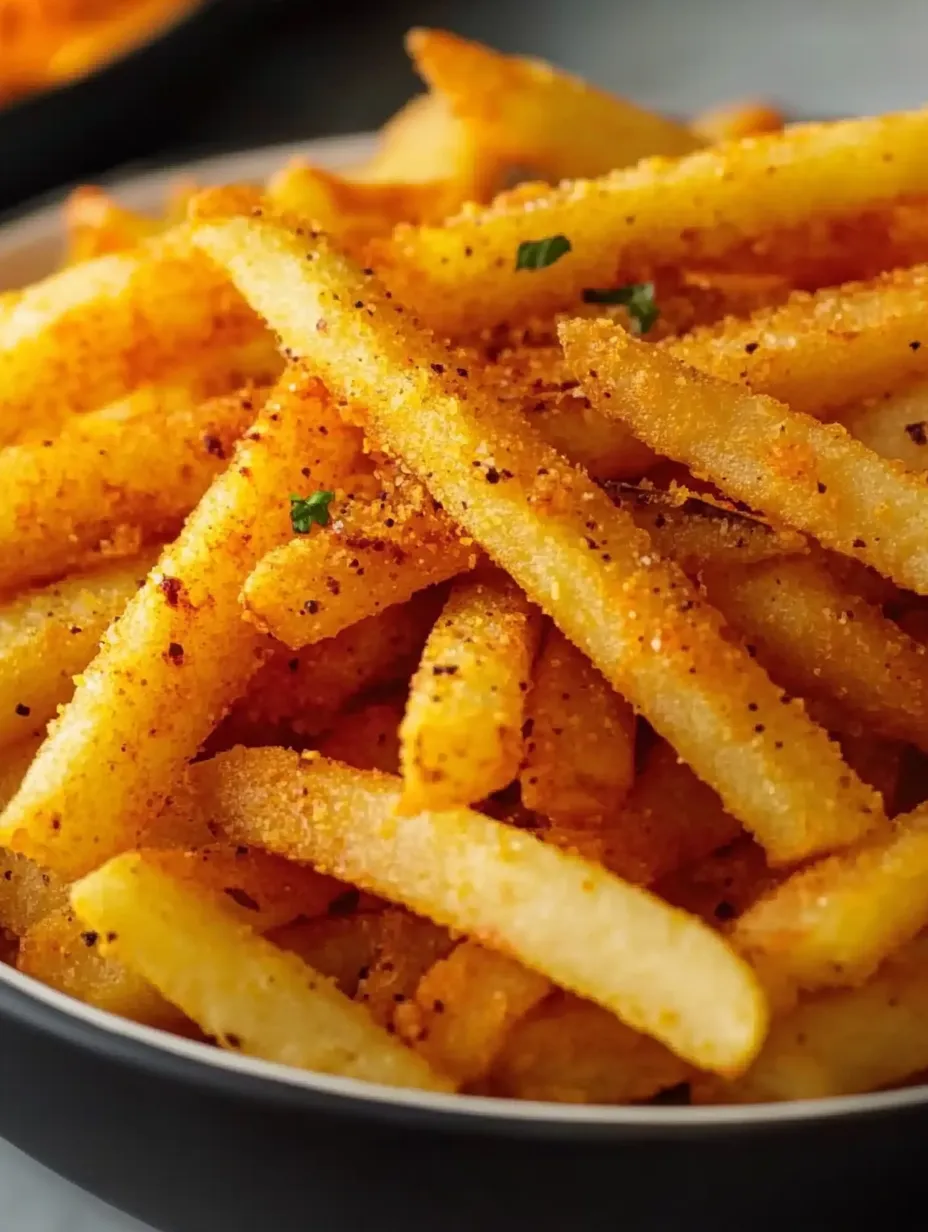 Un plato de papas fritas con condimento encima.