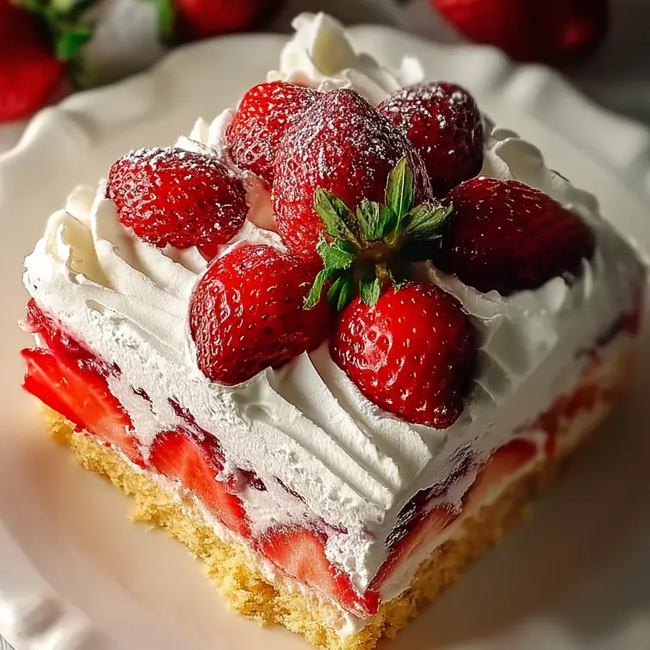 Porción de pastel de fresa con nata en un plato.