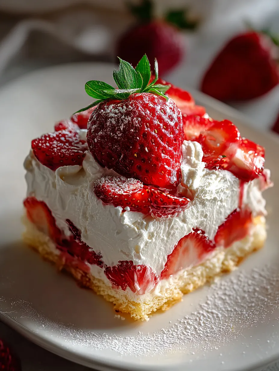 Rebanada de pastel de fresas con una fresa encima.