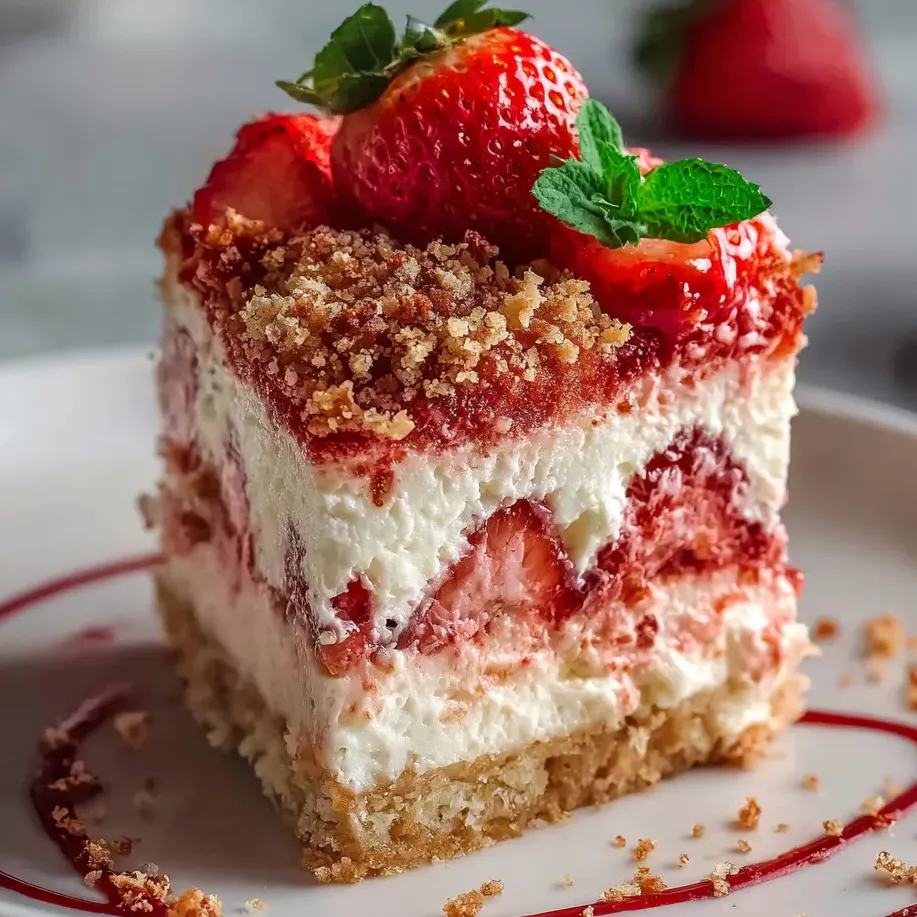 Una porción de tarta con fresas encima.