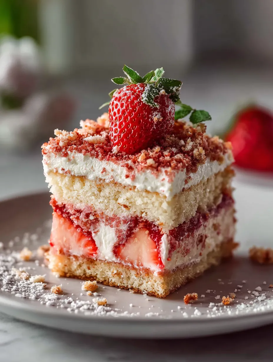 Una rebanada de pastel con fresas arriba.
