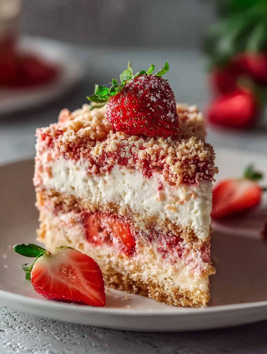 Una rebanada de pastel con fresas arriba.