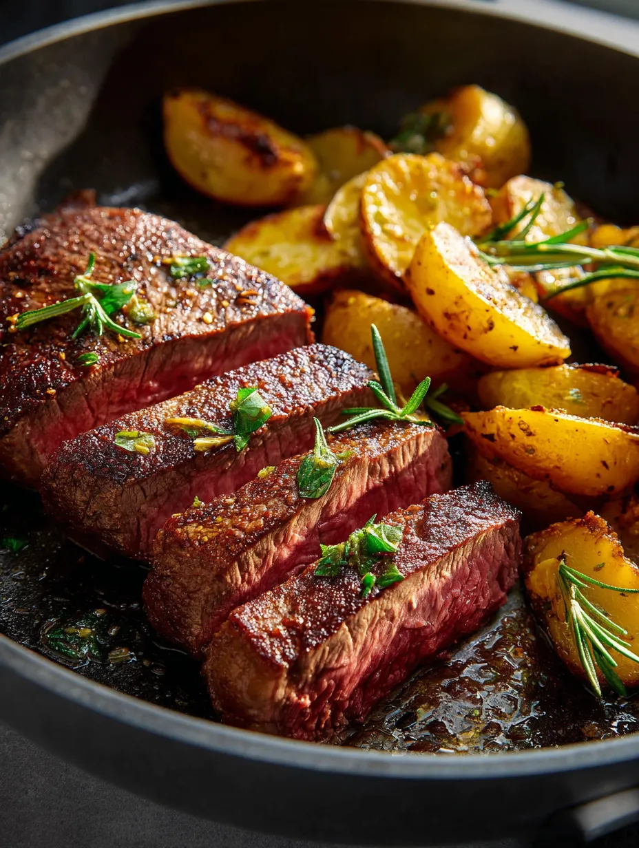 Sartén con corte de carne y papas doradas.