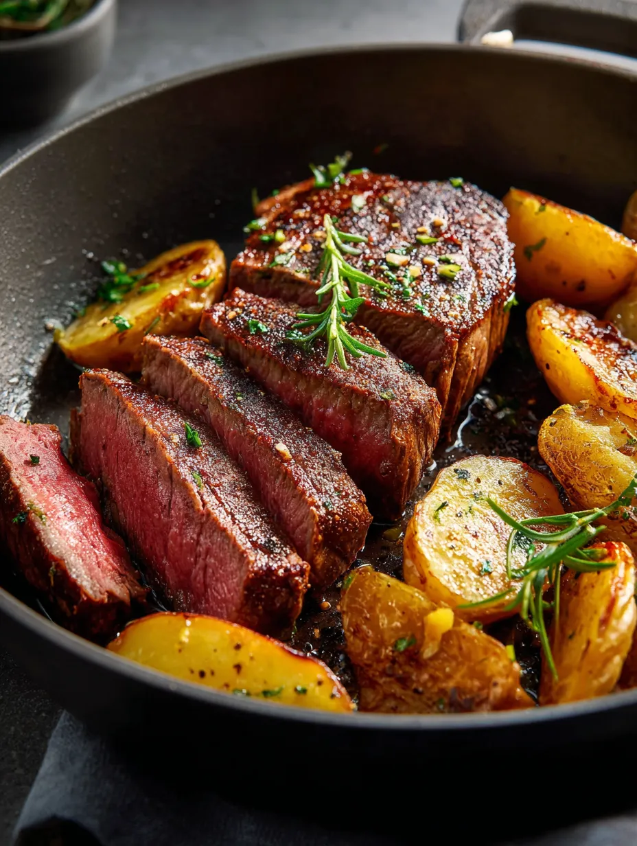 Una sartén con carne y papas doradas.