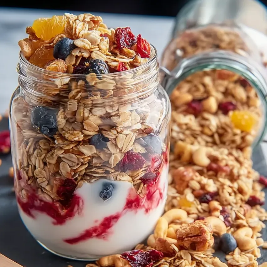 Frasco con granola, arándanos y rodajas de naranja.