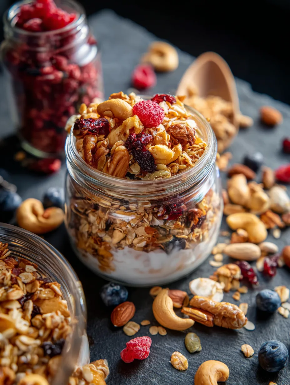 Un frasco de granola con frutos rojos y nueces.