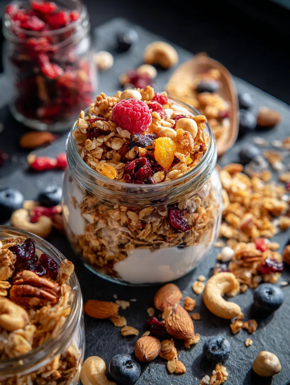 Frasco de granola con frutos rojos y nueces.