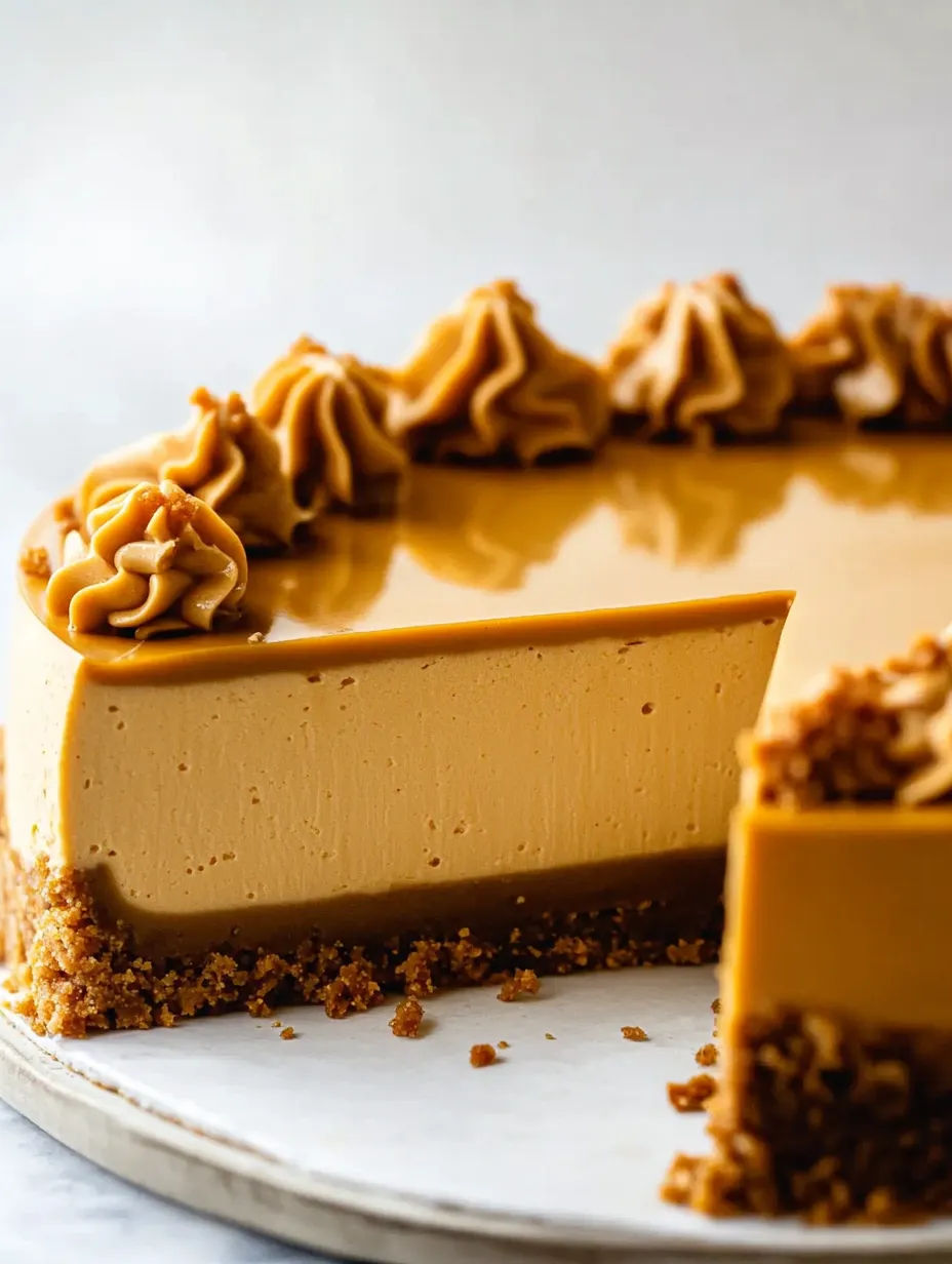 Una rebanada de tarta de queso con caramelo y nueces tostadas.