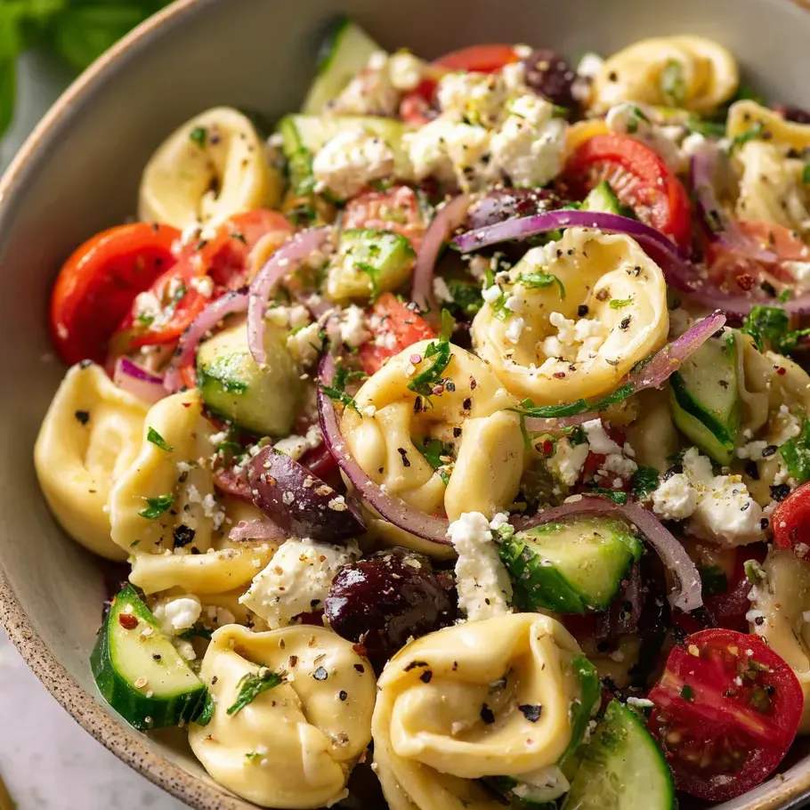 Un bol de ensalada de pasta con tomates, pepinos, cebolla y queso feta.