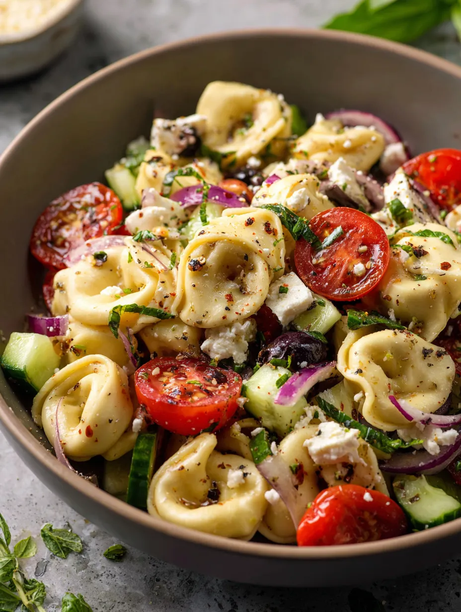 Un bol de ensalada de pasta con tomates, pepinos y queso.