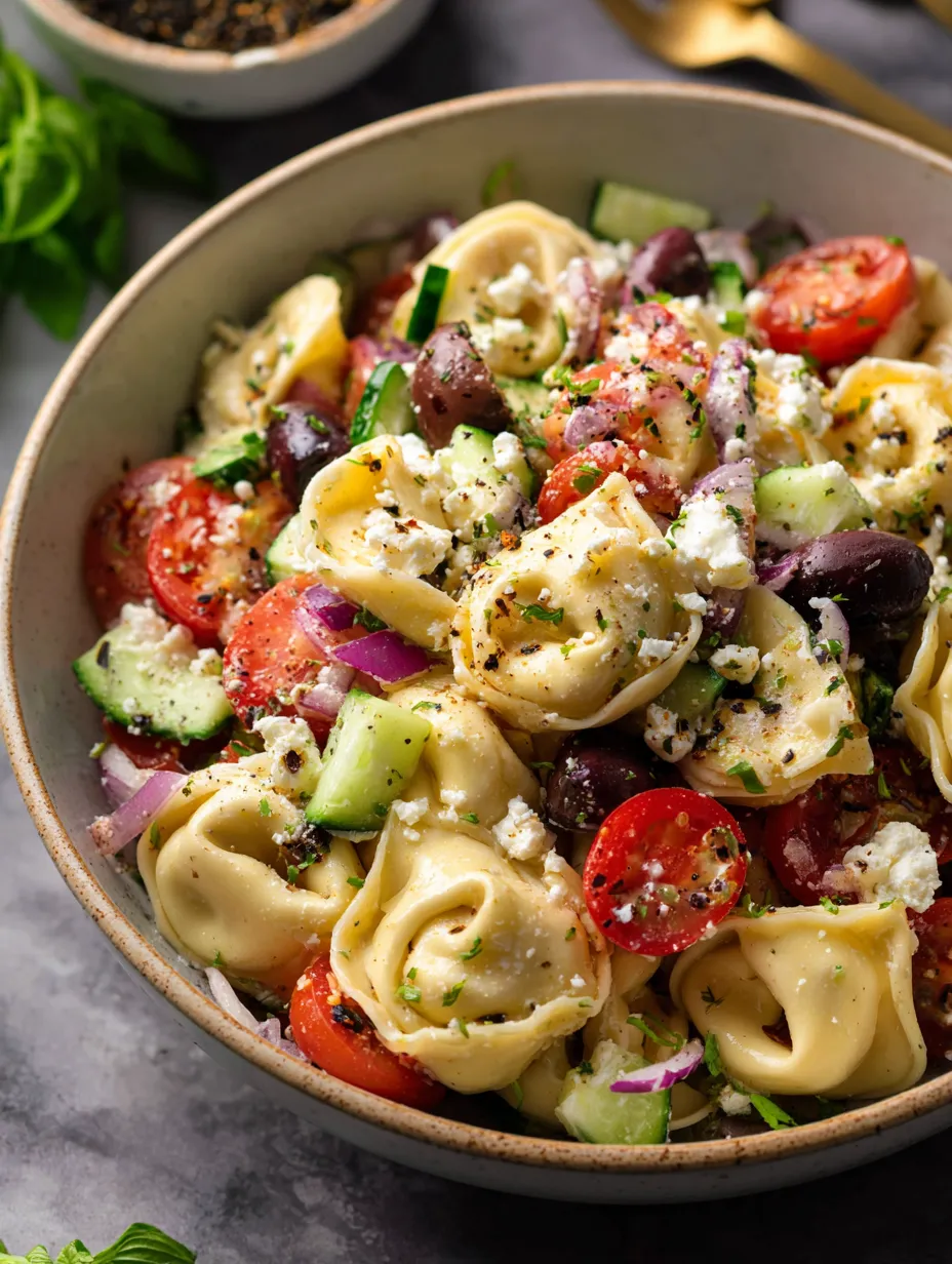 Un bol de pasta con tomates, pepinos, aceitunas y queso feta.