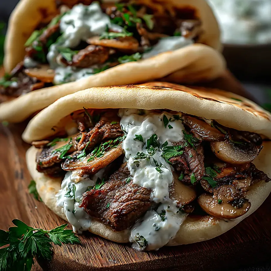 Dos pitas rellenas de carne y champiñones sobre una mesa de madera.