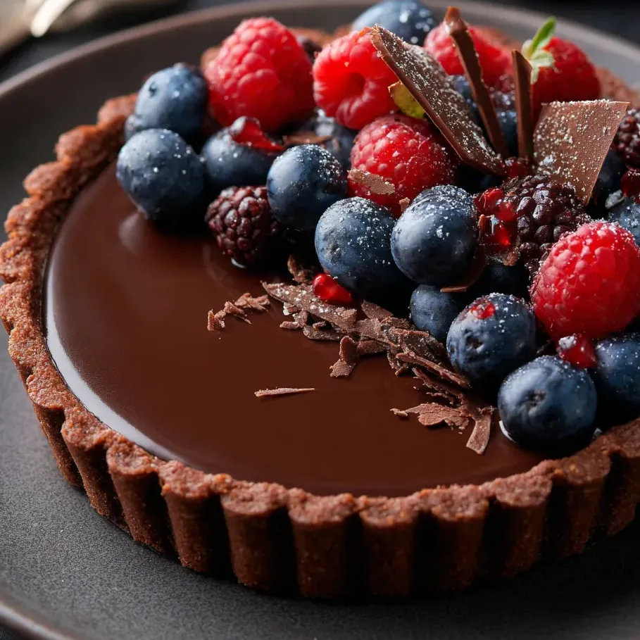 Una rebanada de tarta de chocolate con frambuesas encima.