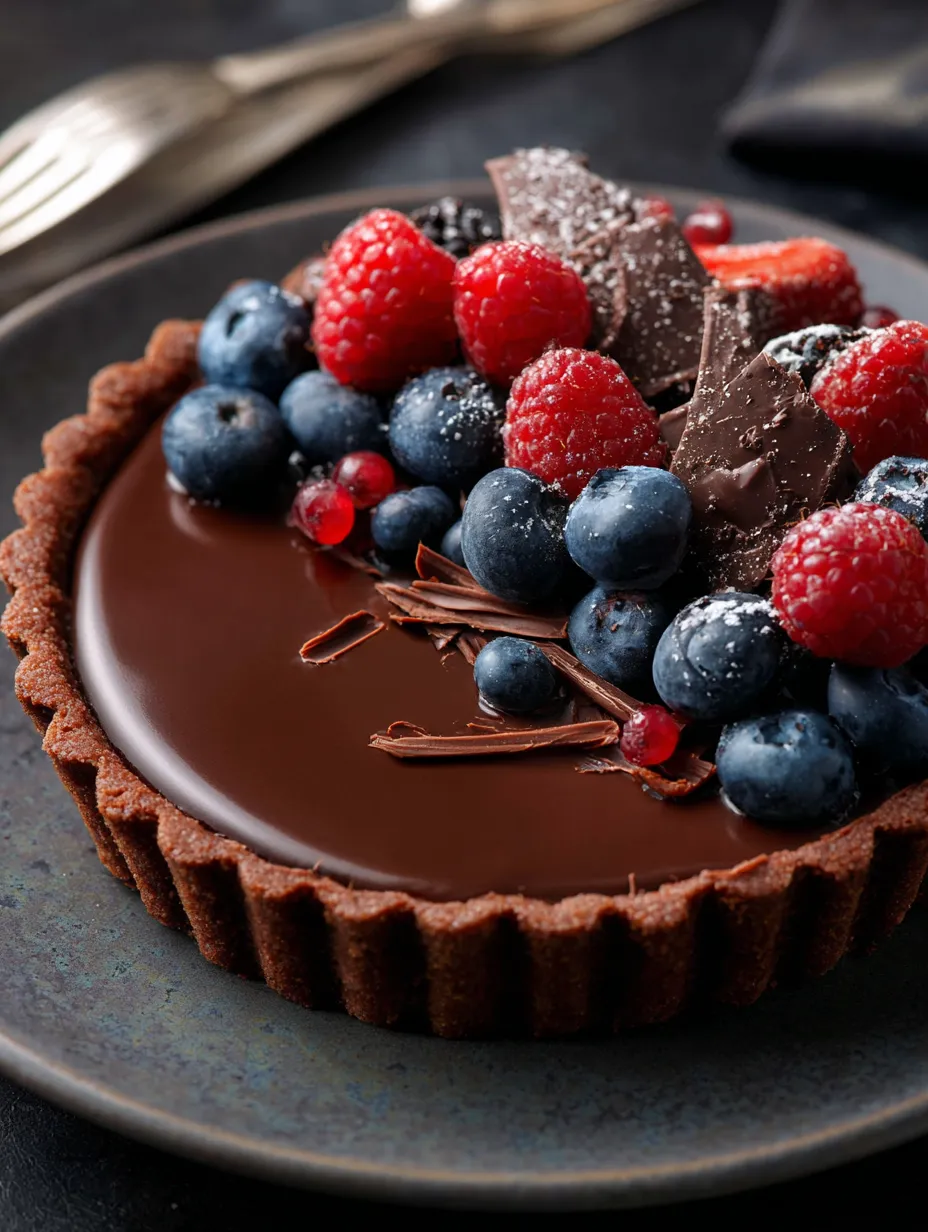 Postre de chocolate decorado con frutos rojos.