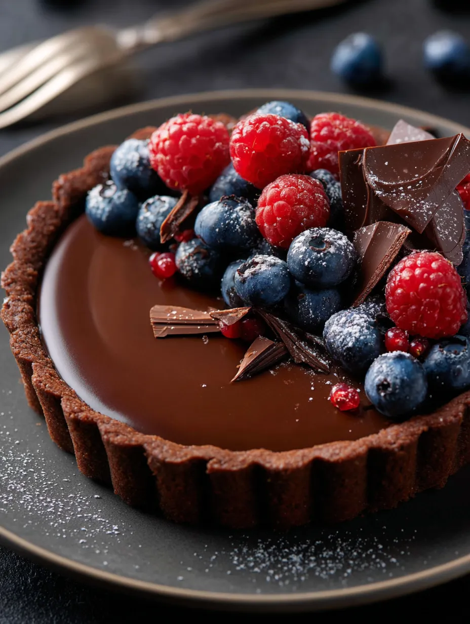 Postre de chocolate decorado con frutos rojos.