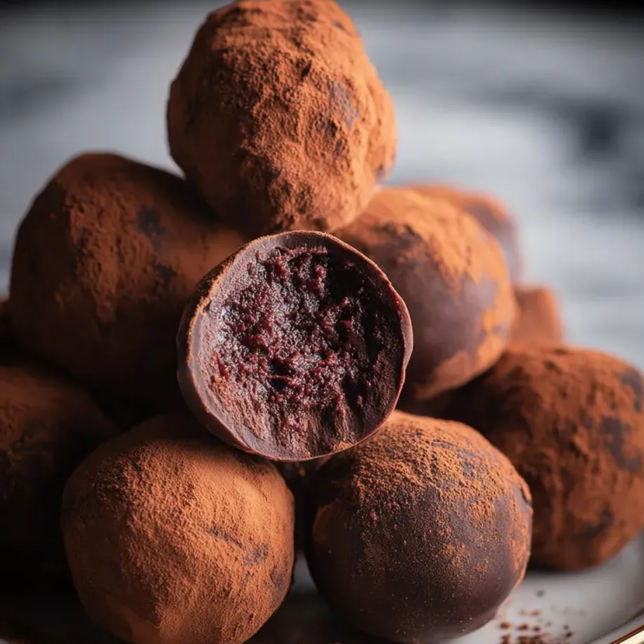 Bolas de chocolate con centro rojo.