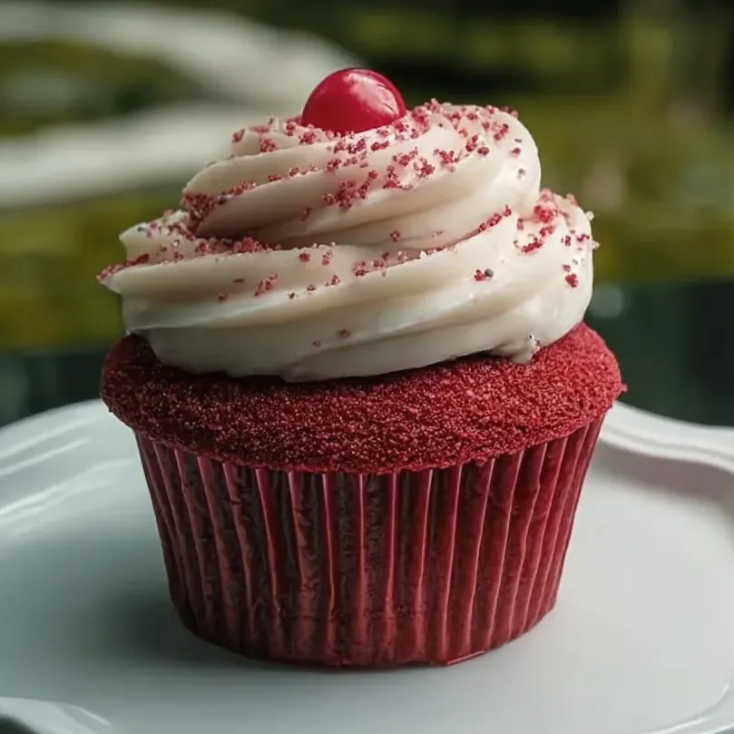 Un cupcake velvet rojo con cobertura blanca y una cereza arriba.