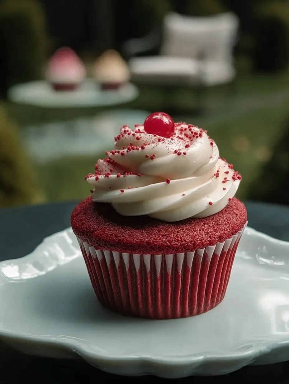 Un cupcake de red velvet con betún blanco y una cereza arriba.