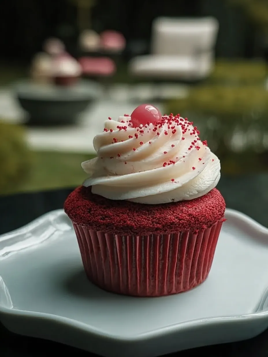 Un cupcake rojo con betún blanco y una cereza arriba.