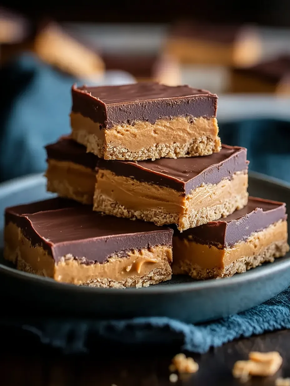 Una torre de barritas de chocolate con mantequilla de maní.