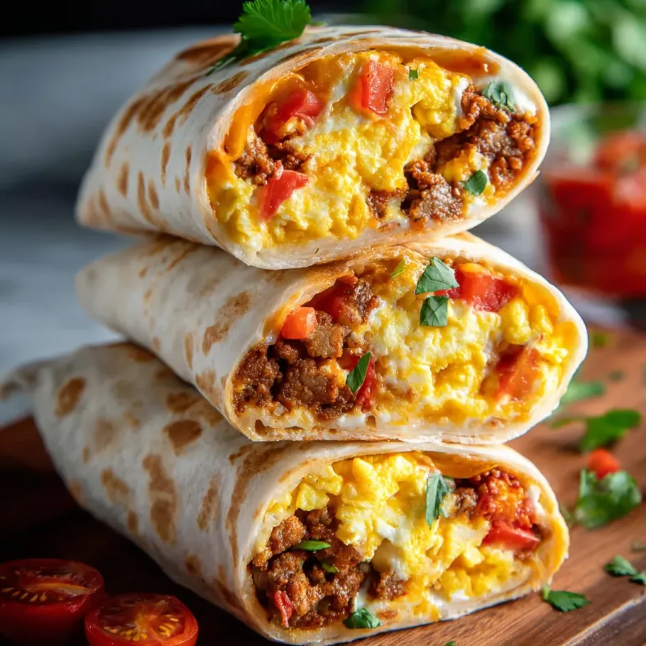 Tres burritos apilados, llenos de carne y verduras.