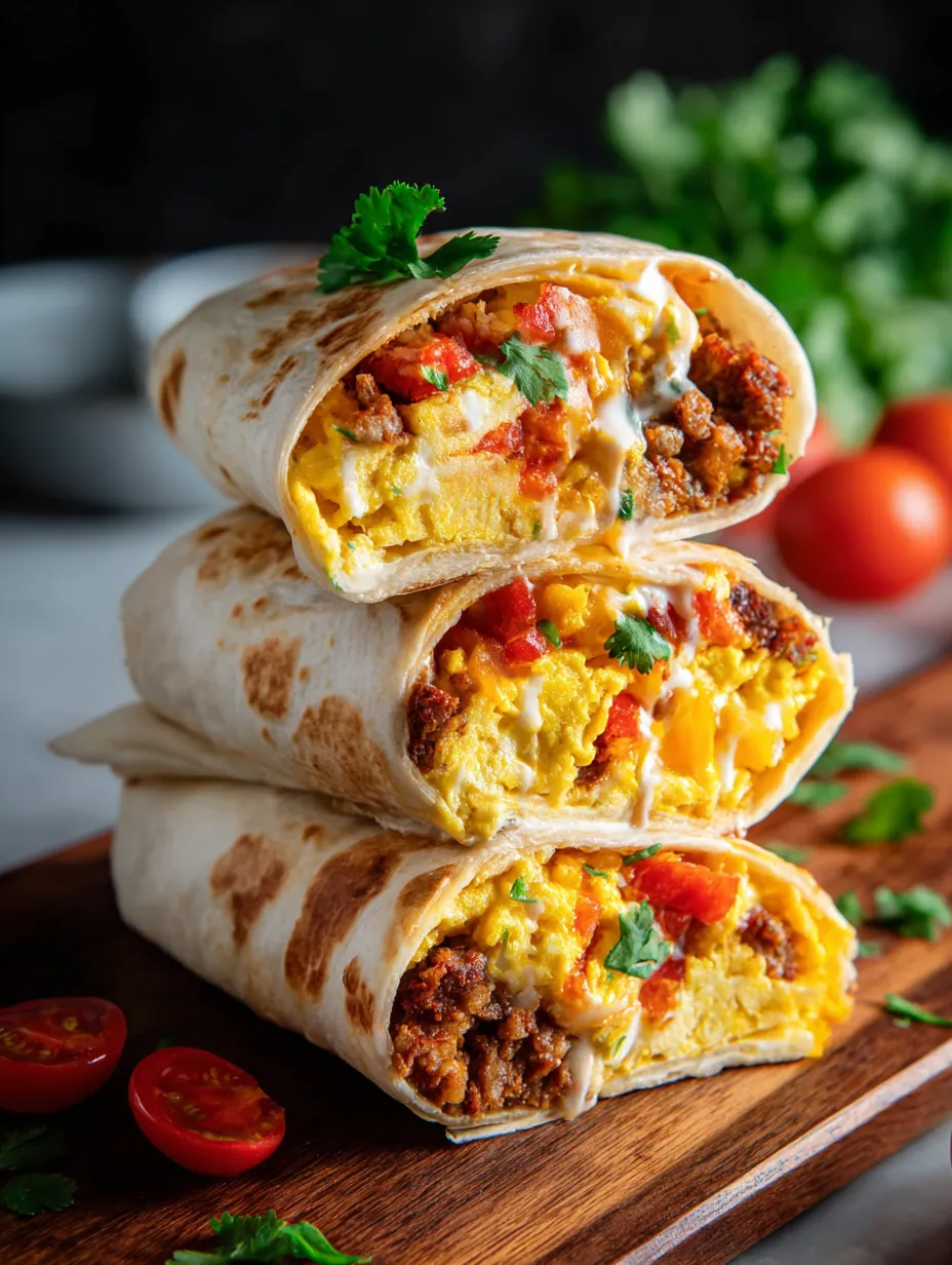 Montón de tres burritos con huevos y tomates.