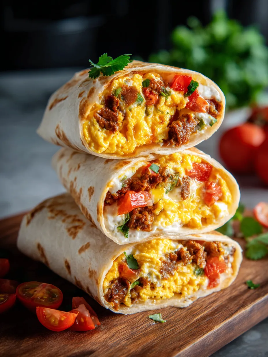Montón de tres burritos con huevos y tomates.
