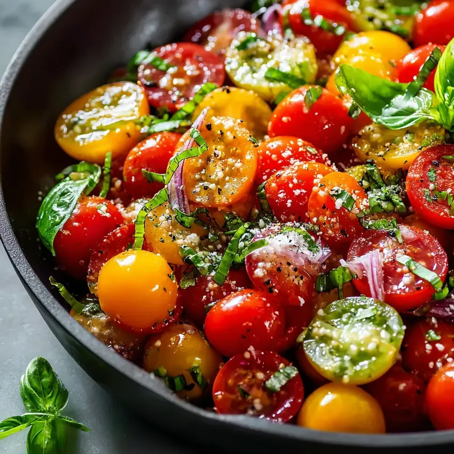 Un bowl con tomates, cebolla y albahaca.