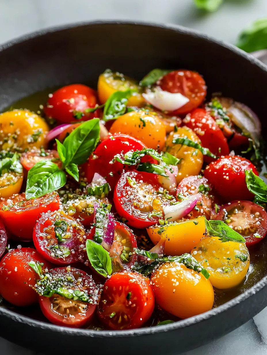 Un bol con tomates, cebolla y albahaca.