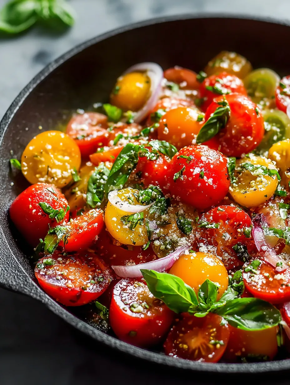 Un bol con tomates, cebolla y albahaca.
