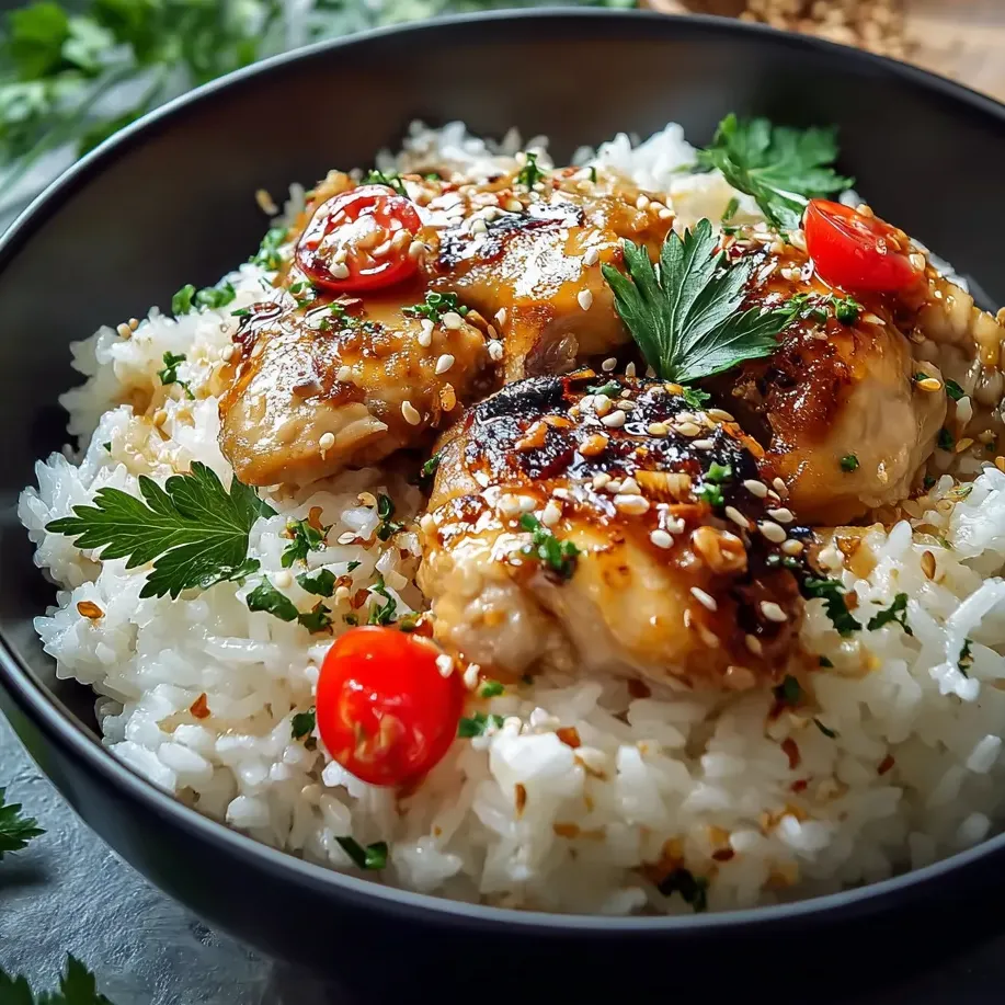 Un plato con arroz, pollo y tomates.