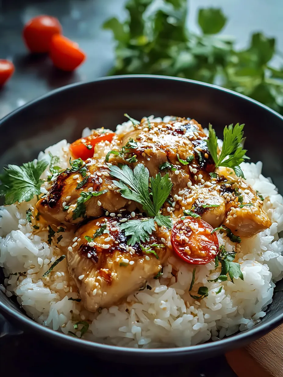 Un cuenco con arroz, pollo y tomates.