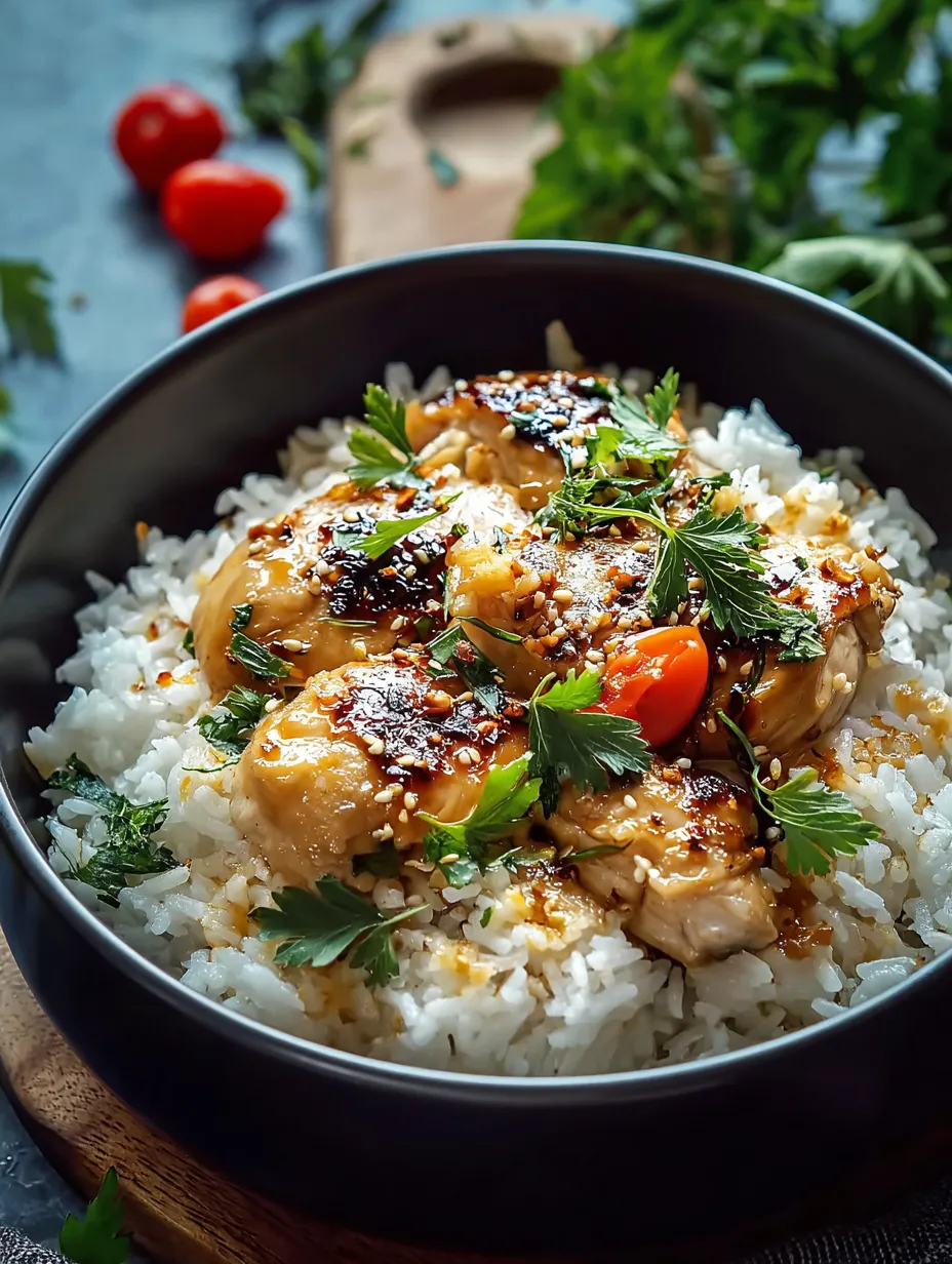 Un cuenco con arroz, pollo y tomates.